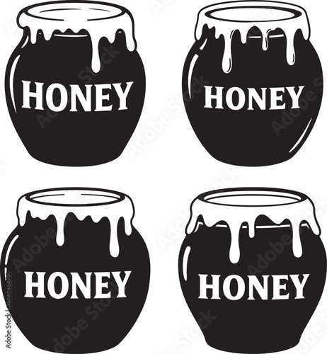 Four honey pots with dripping honey silhouette