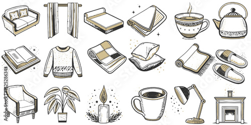 Cozy home essentials illustrated with modern design and neutral colors  