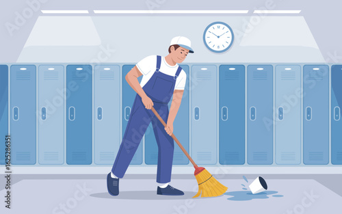 Janitor Cleaning Spilled Liquid in Locker Room