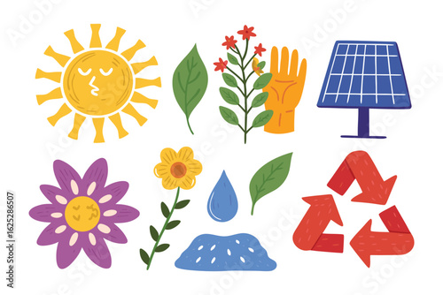 Eco-Friendly World: A vibrant illustration, filled with the sun, leaves, flowers, water drop, solar panel, glove and recycle symbol, showcasing nature and sustainability.
