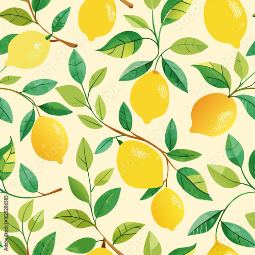 Seamless pattern of bright yellow lemons with green leaves on branches against a light cream background