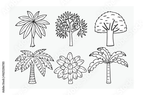 Tree Types: A set of illustrative drawings showcasing different tree types, offering a clean and visually appealing representation of diverse arboreal forms. 