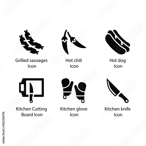 Grilled sausages, Hot chili, Hot dog, Kitchen Cutting Board, Kitchen glove, Kitchen knife, icon