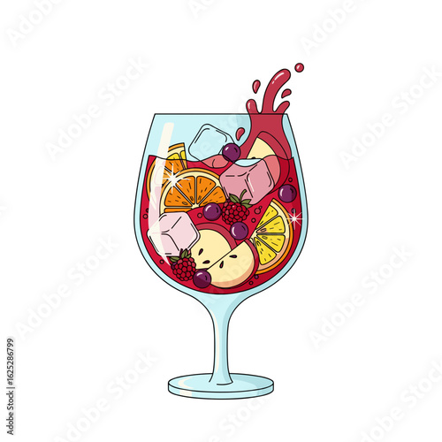 Colorful sangria cocktail with fruits and ice in a glass  