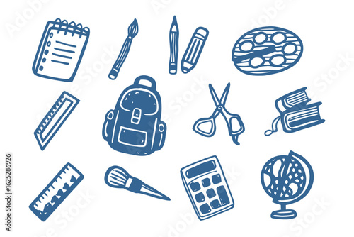 School Supplies Illustration: A collection of illustrated school supplies arranged, creating an eye-catching collection for back-to-school theme.