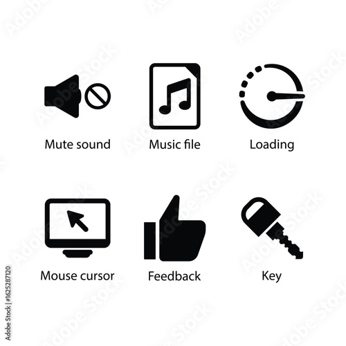 Mute sound, Music file, Loading, Mouse cursor, Feedback, Key, icon