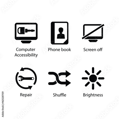 Computer Accessibility, Phone book, Screen off, Repair, Shuffle, Brightness, icon