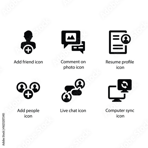 Add friend, Comment on photo, Resume profile, Add people, Live chat, Computer sync, icon