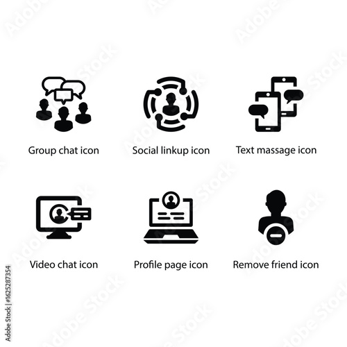Group chat, Social linkup, Text massage, Video chat, Profile page, Remove friend, icon