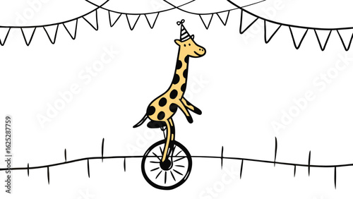 A cartoon giraffe wearing a party hat balancing on a unicycle with festive decorations in the background