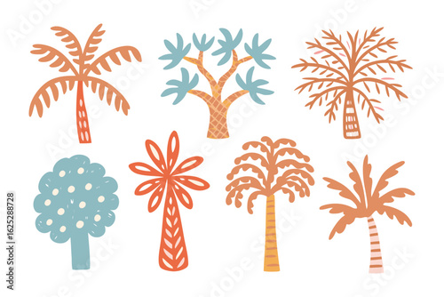 Tropical Oasis: A collection of stylized palm trees with vibrant colors, evokes the spirit of a tropical paradise, perfect for design elements.