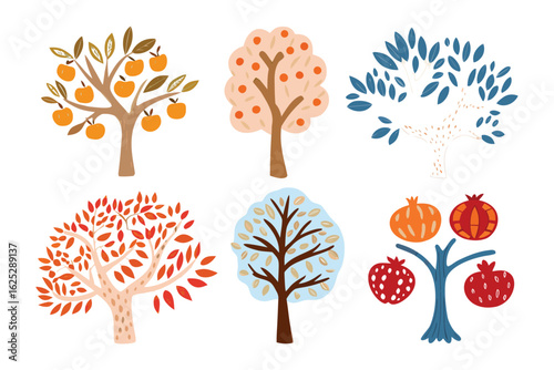 Variety of Fruit Trees: A collection of stylized trees showcases a vibrant assortment of fruit-bearing trees, each a unique display of nature's bounty.
