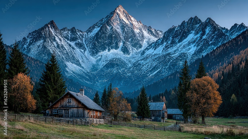 Obraz premium A peaceful mountain village nestled among towering peaks scenic landscape with wooden cabins smoke chimneys and autumn foliage