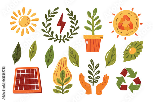 Eco-Friendly Elements in Vibrant Illustration: This eye-catching illustration showcases a variety of environmentally conscious elements.