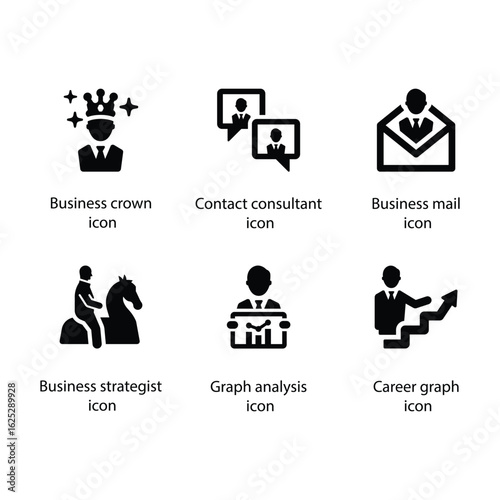 Business crown, Contact consultant, Business mail, Business strategist, strategist , Career graph, icon