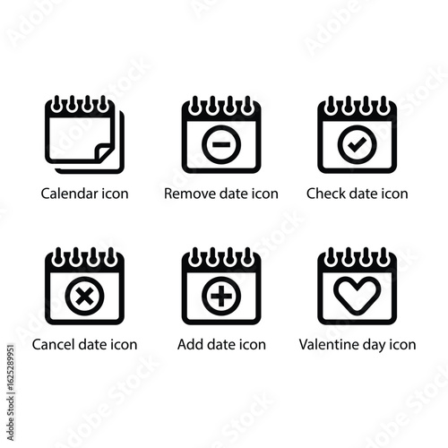 Calendar, remove date, Check date, cancel date, Add date, Valentine Day, icon