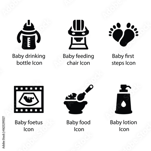 Drinking bottle, feeding chair, first steps, foetus, Baby food, Baby lotion, icon