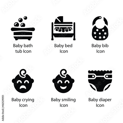 Bath tub, Baby bed, Baby bib, crying, smiling, diaper, icon