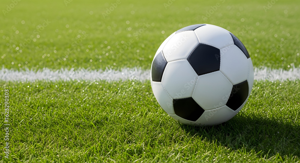 Fototapeta premium A close-up shot of a soccer ball resting on a vibrant green grass field, near a white line.