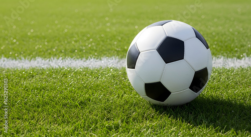A close-up shot of a soccer ball resting on a vibrant green grass field, near a white line.