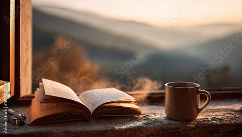 Open book and steaming cup by a window overlooking a mountain vista at sunrise