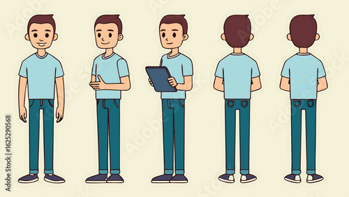 Cartoon Man Character Design in Various Poses Front Side and Back View for Animation and Illustration Projects