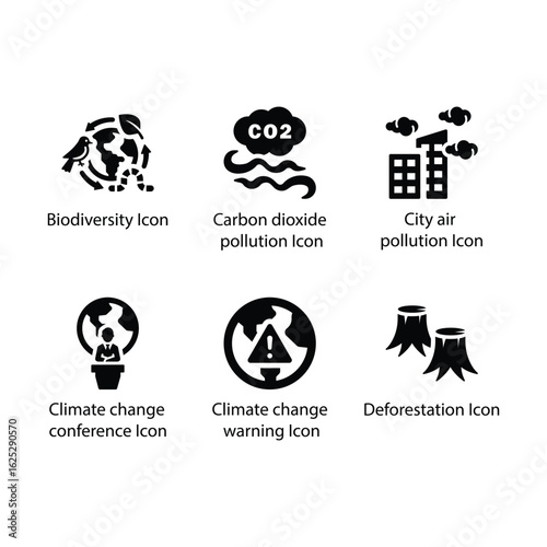 Biodiversity, Carbon dioxide pollution, City air pollution, conference, warning, Deforestation, icon