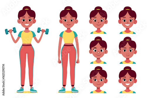 Cartoon Woman Exercising with Dumbbells and Expressing Different Emotions in a Healthy Lifestyle Concept Design