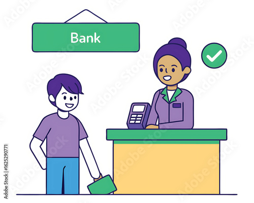 Cartoon man at bank counter with smiling teller and checkmark customer transaction