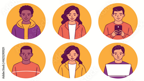 Diverse people in circular frames representing team members or online avatars modern flat design style isolated on white background