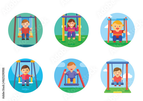 Collection of children on swings with round backgrounds in a vector style