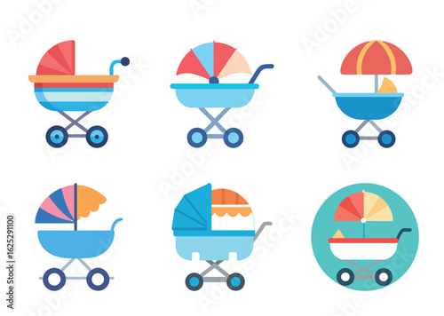 Illustrative Baby Strollers Set with Variations in Styles and Colors Depicted