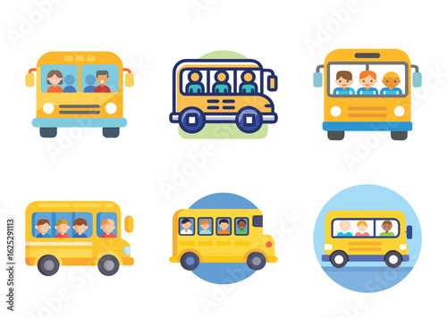 Stylized Illustration Featuring Six School Buses with Diverse Passengers in Flat Design