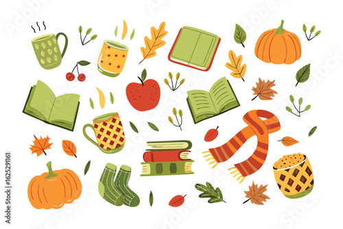 Cozy Autumn Elements: A collection of charming autumn-themed illustrations. Cozy books, steaming mugs, and rustic harvest essentials set against a backdrop that evokes the warm comfort of the season.