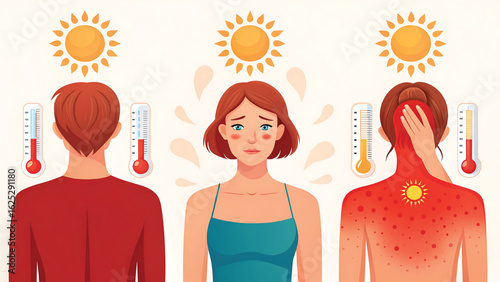Heatstroke awareness with people suffering from sunstroke and heat exhaustion demonstrating symptoms and preventive measures for heat related illnesses during summer