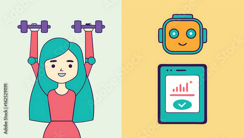 Cartoon woman lifting purple dumbbells and robot head with tablet vector