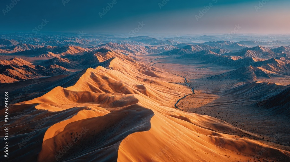 Fototapeta premium Drone shot overlooking a vast desert with rolling dunes scenic landscape under a deep blue twilight sky