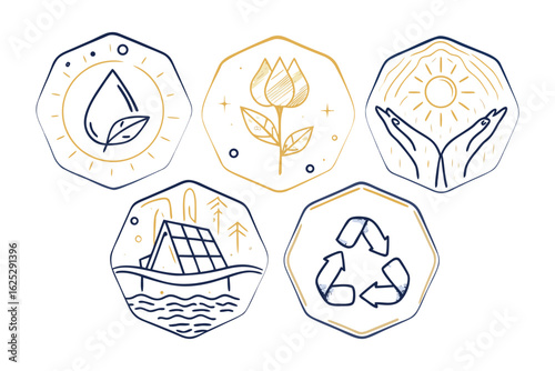 Ecology Elements: A cluster of delicately crafted vector graphics illustrates key elements of ecology: water, sun, recycling, solar and plant. Each icon is depicted in precise details.