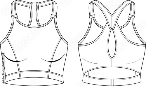 Sports bra technical drawing, front back views, racerback keyhole design, high neckline sketch, athletic garment template, fashion flat illustration, activewear outline mockup.