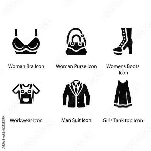 Woman Bra, Woman Purse, Women’s Boots, Workwear, Man Suit, tank top, icon