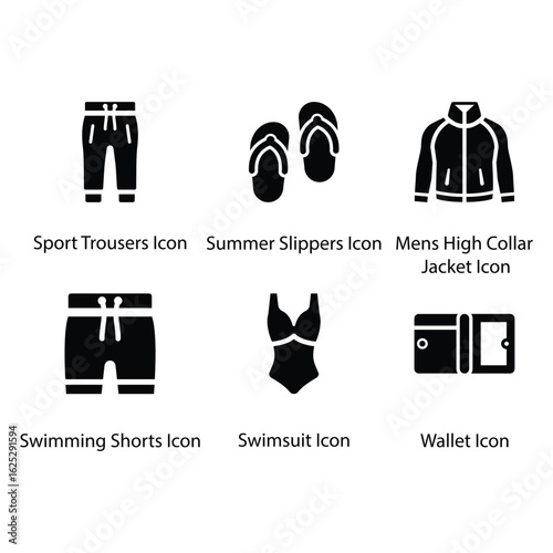 Sport Trousers, Summer Slippers, Men’s Jacket, Swimming Shorts, Swimsuit, Wallet, icon