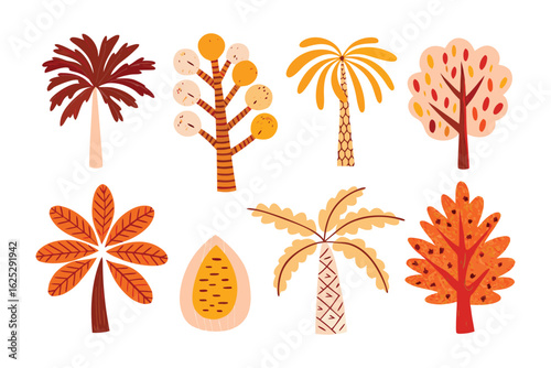 Diverse trees illustration: An artful illustration of eight different trees showcase a spectrum of forms and colors, representing nature's diversity.