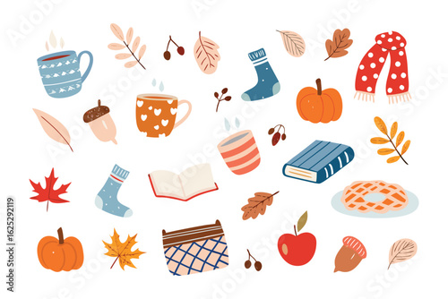 Autumn Cozy Clutter: Warm beverages, seasonal snacks, and classic reading materials in the context of autumn leaves, pumpkins, socks, and cozy accessories for the season. 