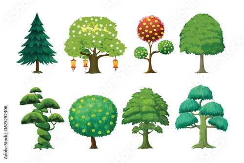 Variety of Trees: Showcase a collection of diverse, vibrantly illustrated trees, each representing a different species and style, perfect for enhancing any creative project. 