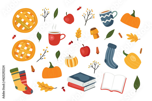 Autumn Harvest: An inviting flat lay capturing the essence of autumn with delectable pies, ripe pumpkins, cozy socks, steaming cup of tea, apples, and an open book.