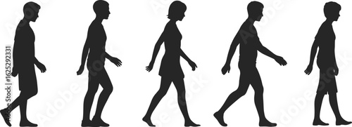 Walking silhouette illustration set, five dynamic poses side profile, human motion vector, fashion and behavior template, black isolated figures, visual reference design.