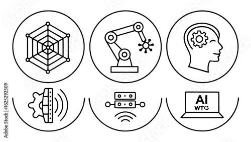 "Minimalist AI icons with editable stroke. Features include deep learning structures, IoT connectivity, pattern detection, robotics AI, and smart data processing symbols."
