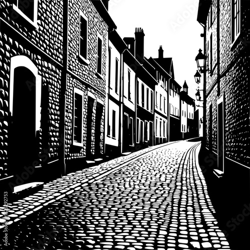 Vector silhouette of a narrow old town street with cobblestone pattern
