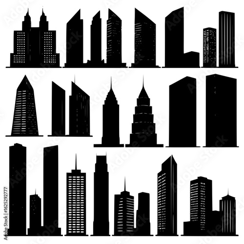 Vector silhouette of modern glass buildings with reflections on ground