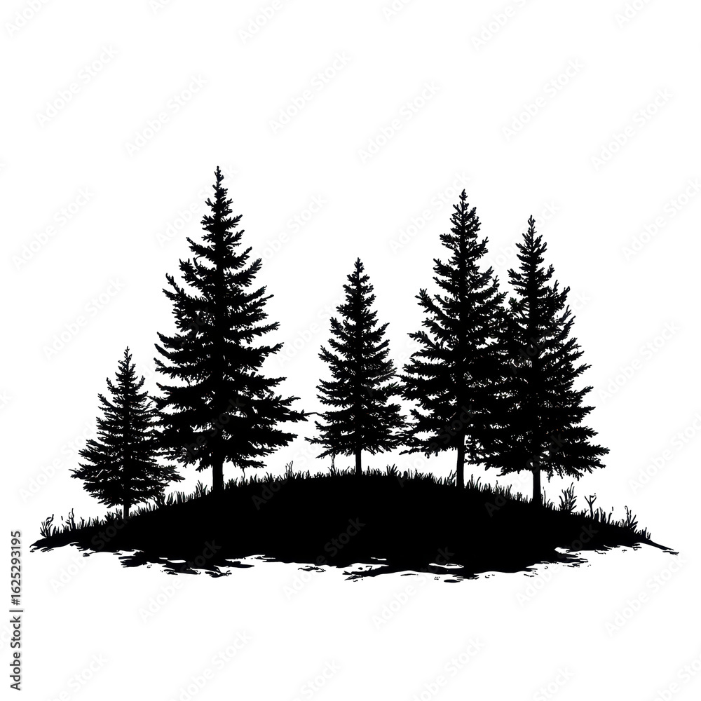Fototapeta premium Black forest trees silhouette, cluster of black forest trees silhouetted against a bright sky, isolated on transparent background